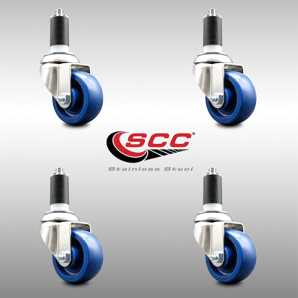 3 Inch 316SS Solid Polyurethane Swivel 1-1/4 Inch Expanding Stem Caster Set SCC